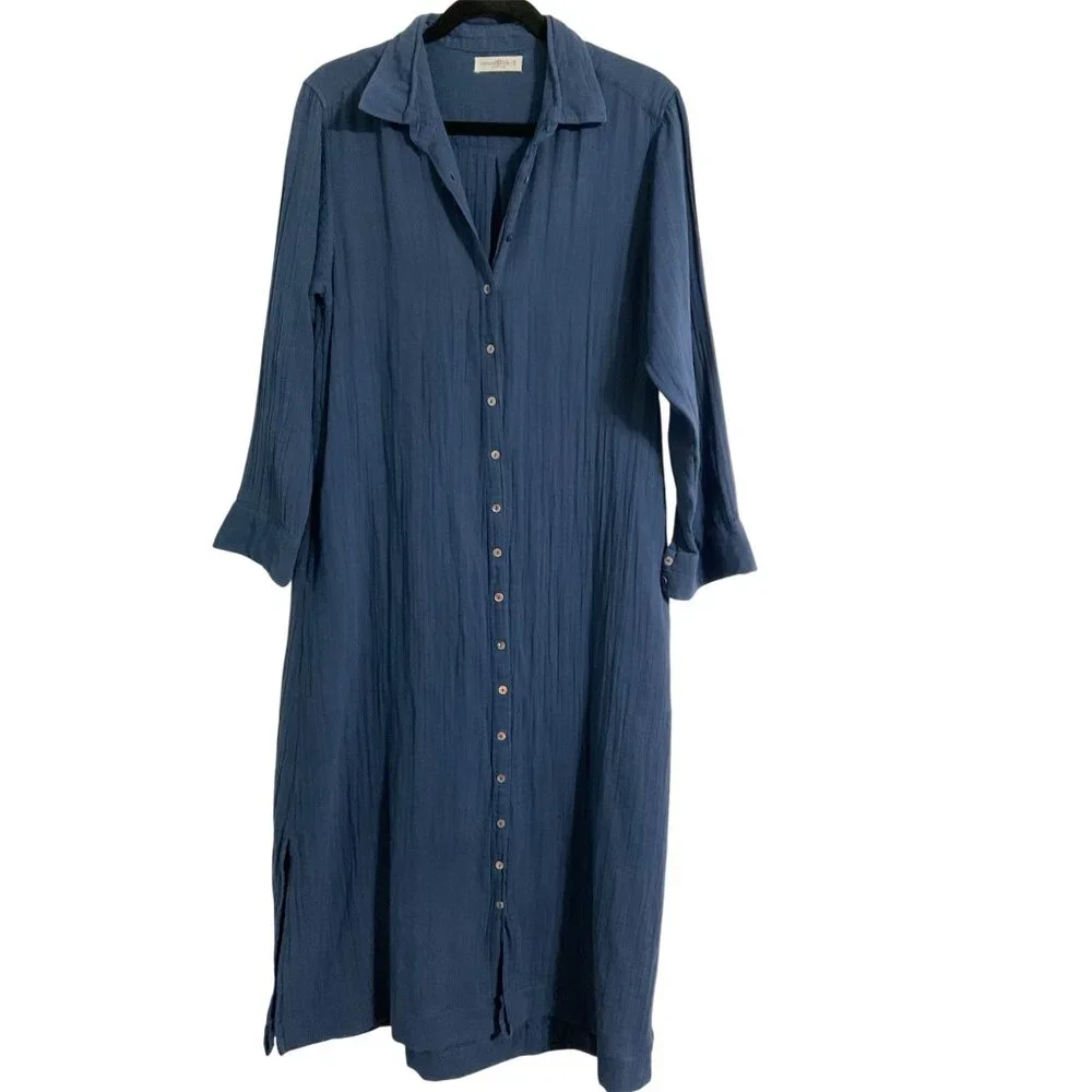 NATURAL LIFE Drew Shirt Dress Cotton Gauze Maxi Pockets in Blue size Small - Picture 2 of 14
